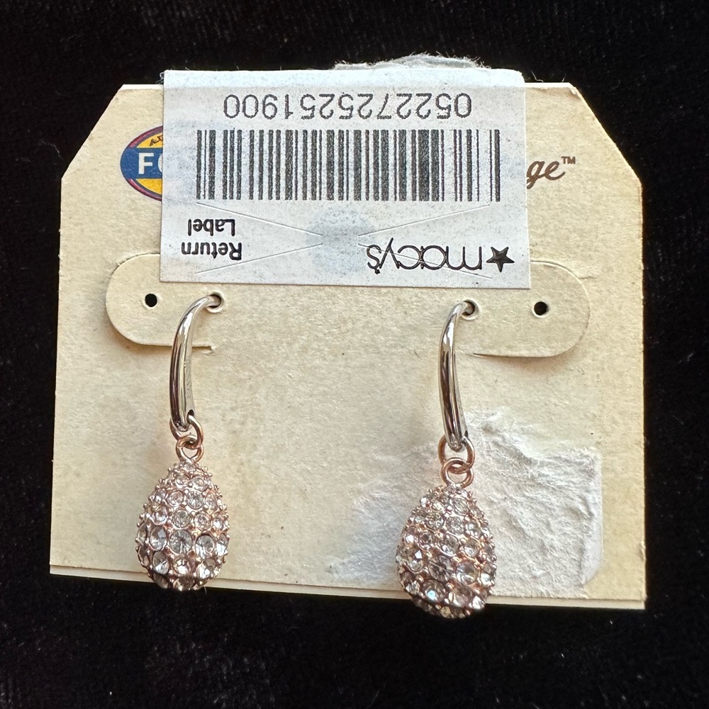 NWT Fossil Long Live Vintage Crystal Teardrop Earrings Stainless Steel Rose Gold - Picture 3 of 14